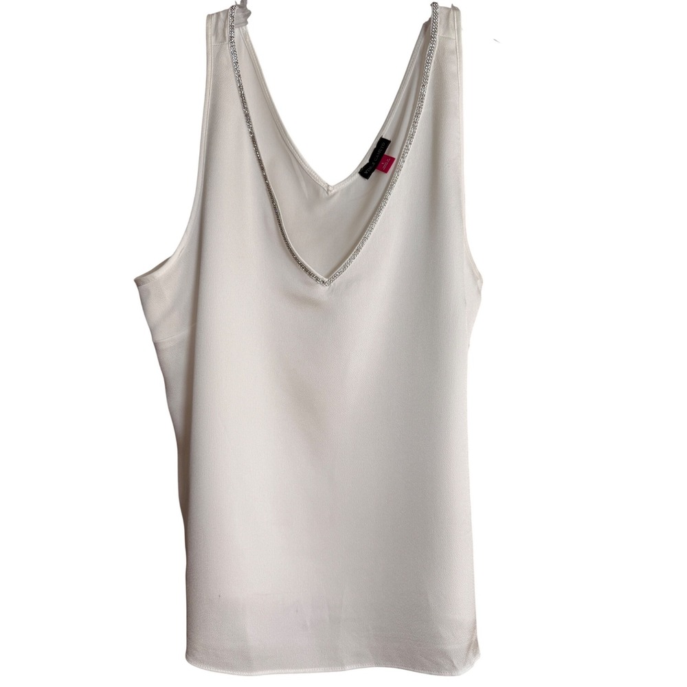 Vince Camuto Tank Top Womens Large Ivory White Rhinestone V-Neck Blouse